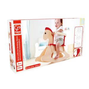 Toddler riding wooden rocking horse toy