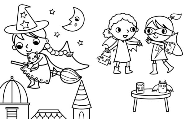 Children in costumes trick-or-treating on Halloween.