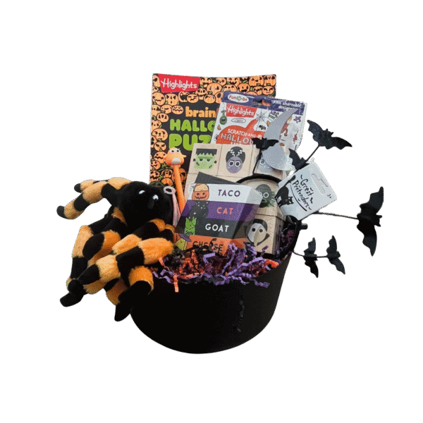 Personalized Halloween cauldron gift from Wildlings Toy Boutique featuring Halloween puzzles, toys, plush spider, activity books, and bat accessory.