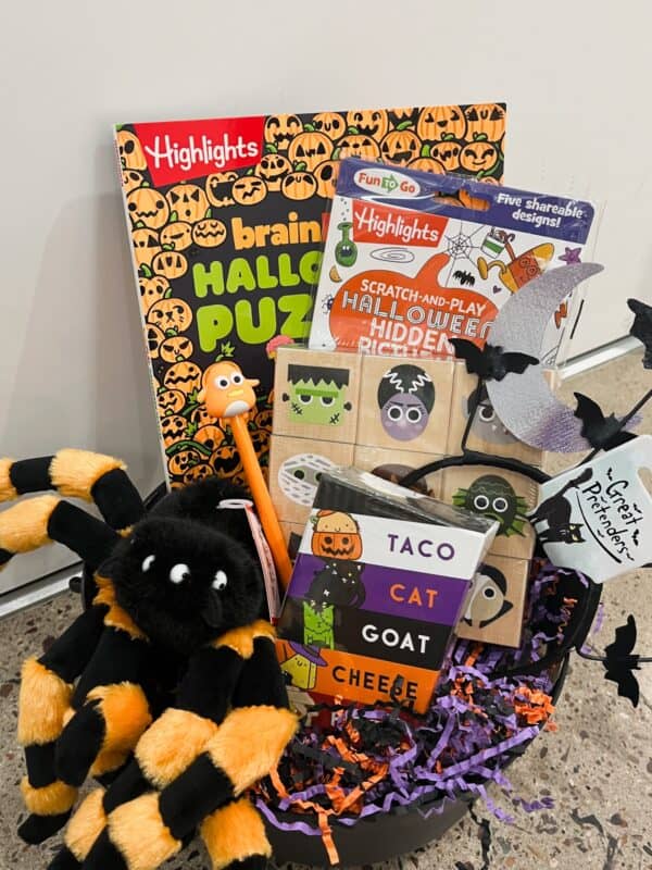 Halloween puzzle basket with spider toy and games