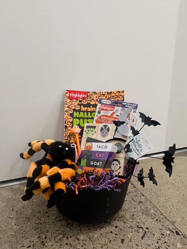 Halloween gift basket with toys and puzzles