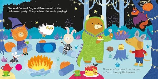 Animals celebrate Halloween around a campfire.