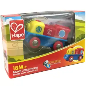 Hape colorful toy train engine in packaging.