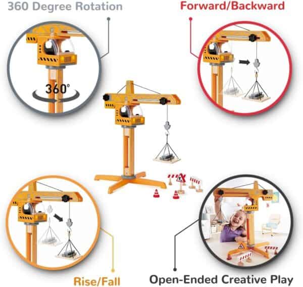 Toy crane with 360 rotation and play features.
