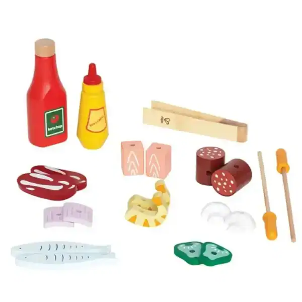 Wooden toy food set with play ketchup and mustard.