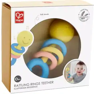 Hape rattling rings teether in packaging and child.