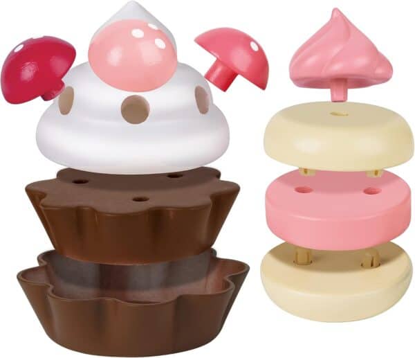 Wooden cupcake toy with interchangeable pieces