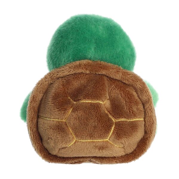 Plush turtle toy with green head, brown shell.