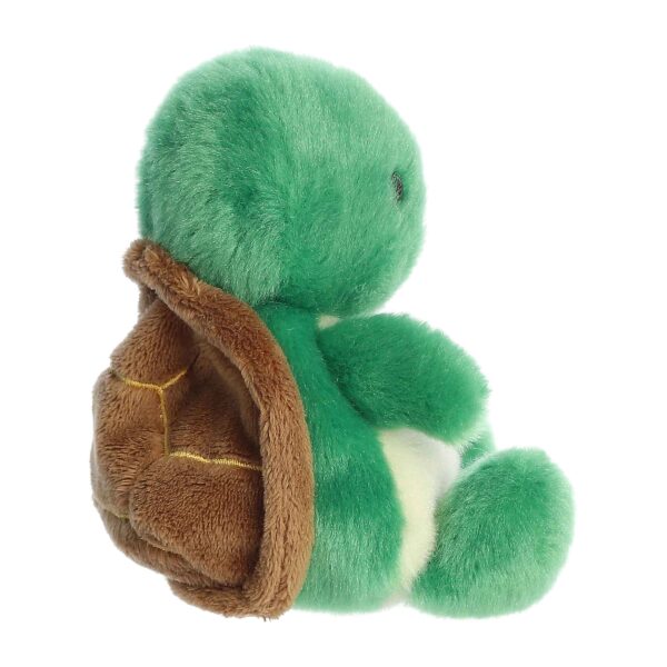 Plush green turtle toy with brown shell side view.