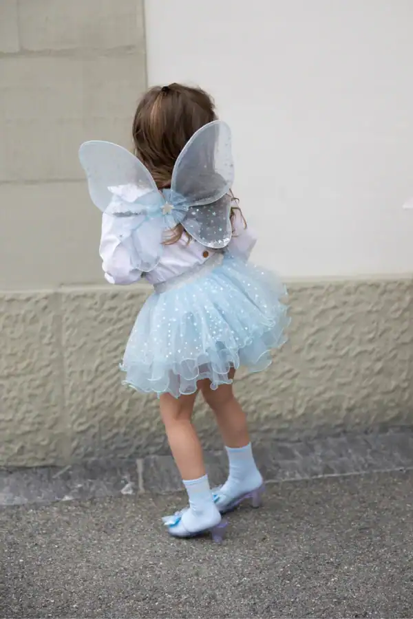 Child in blue fairy costume with wings.