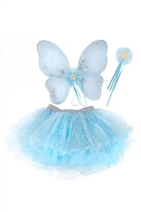 Blue fairy costume with wings and wand