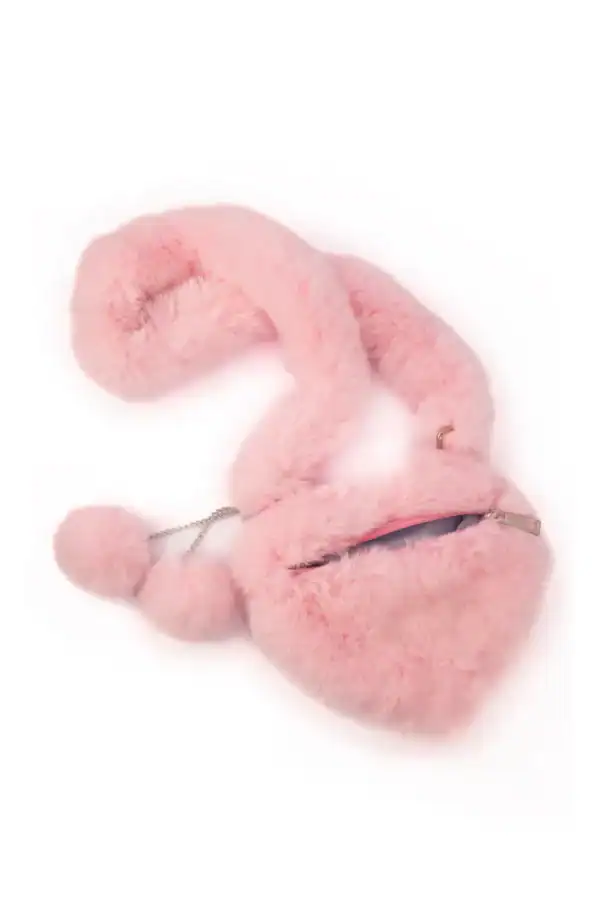 Pink fluffy handbag with long strap