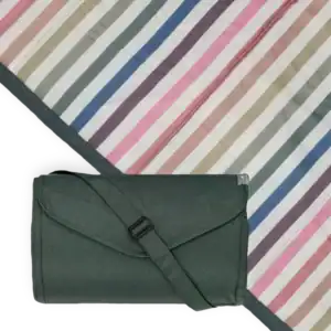 Striped picnic blanket and green carrying bag.