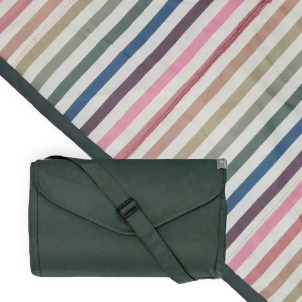 Striped picnic blanket and green carrying bag.