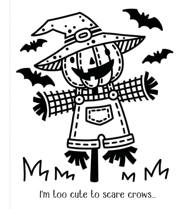 Cute scarecrow with bat and witch hat drawing.