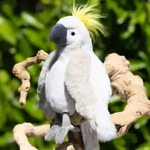 Plush cockatoo with yellow crest on branch