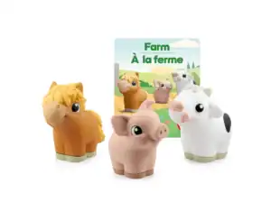Toy farm animals with bilingual book