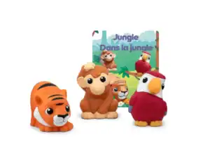 Toy tiger, monkey, parrot with jungle backdrop.