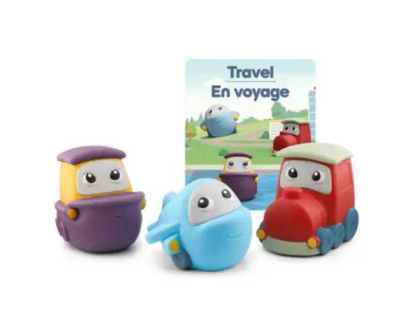 Colorful toy vehicles with smiling faces and book.