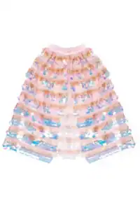 Pink sequined tulle cape with colorful embellishments.