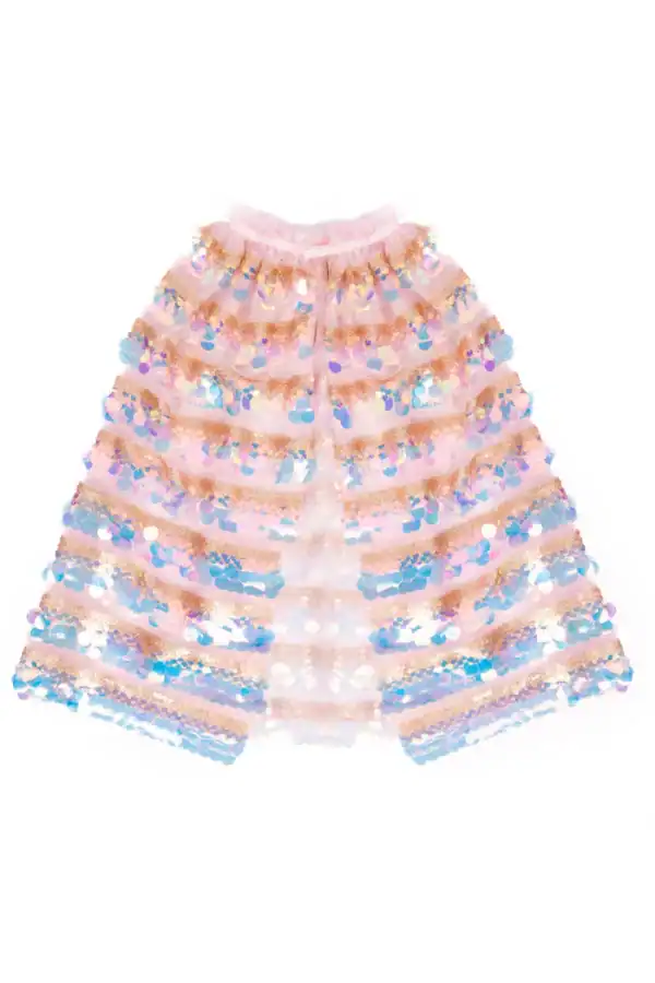 Pink sequined tulle cape with colorful embellishments.