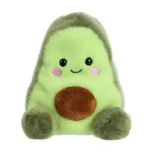 Cute avocado plush toy with a smile.