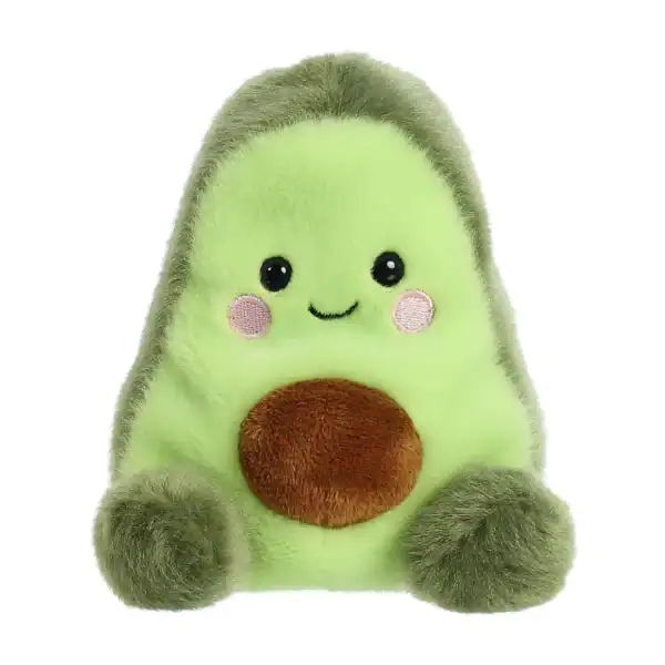 Cute avocado plush toy with a smile.