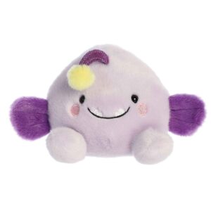 Cute plush toy with purple ears and smile