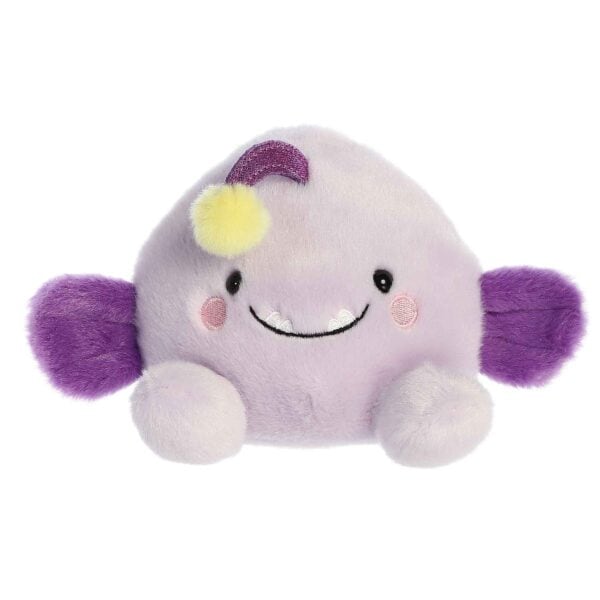 Cute plush toy with purple ears and smile