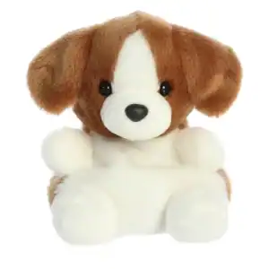 Cute plush dog toy with brown and white fur.