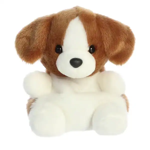 Cute plush dog toy with brown and white fur.