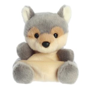 Gray and beige plush toy wolf, sitting upright.