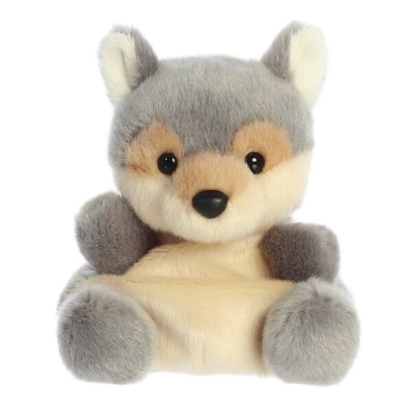 Gray and beige plush toy wolf, sitting upright.