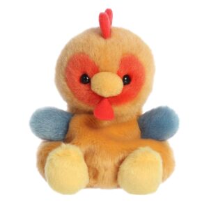 Colorful plush rooster toy with red comb.