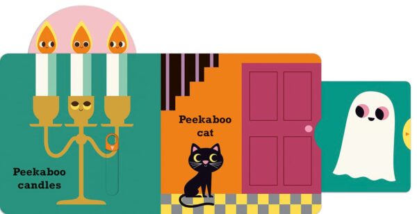 Illustrated candles, cat, ghost in colorful scene