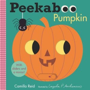 Peekaboo pumpkin book cover with a spider.