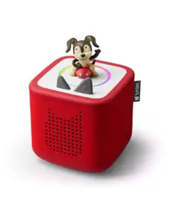 Red speaker with a dog figurine on top.