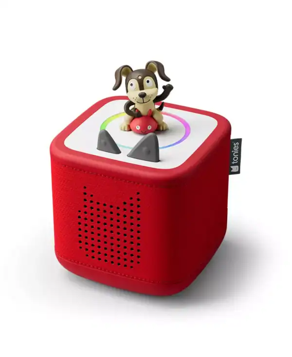 Red speaker with a dog figurine on top.