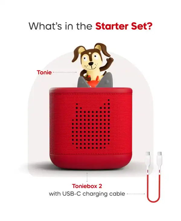 Toniebox with Tonie figure and USB-C charging cable.