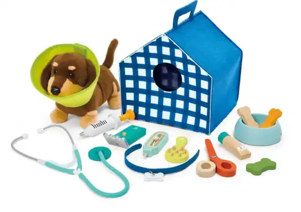 Plush dog vet playset with tools and accessories.