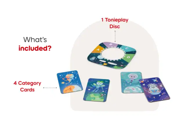 Tonieplay disc and four category cards displayed.
