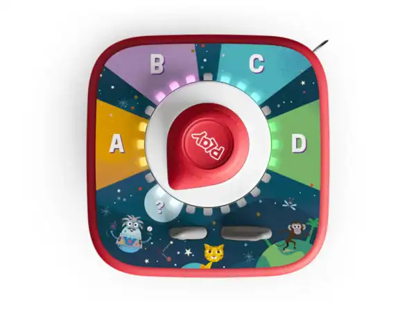 Colorful educational toy with spinning dial and lights.