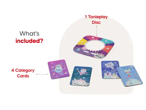 Tonieplay disc and four category cards displayed.