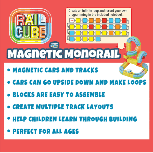 Magnetic monorail toy with tracks and cars for kids.