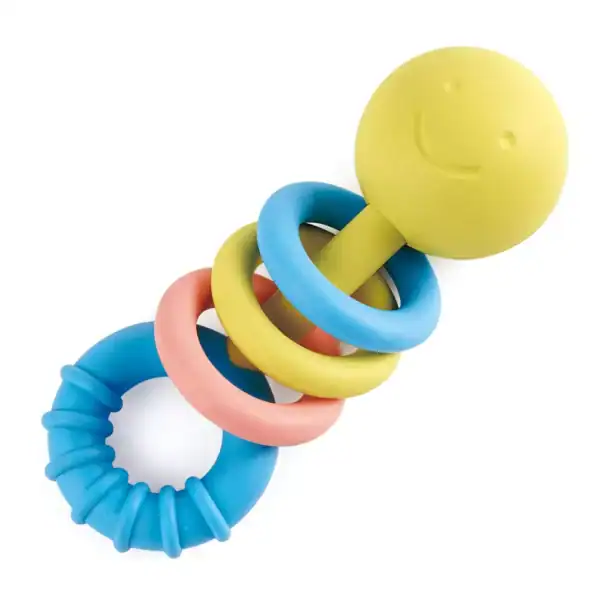 Colorful teething toy with rings and smiling face.