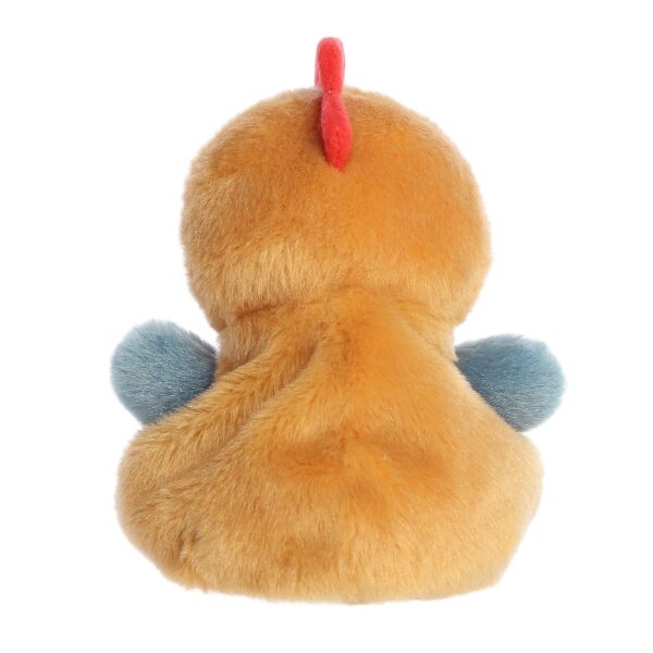 Plush toy chicken with red crest and blue wings.