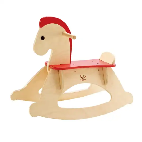Wooden rocking horse with red accents