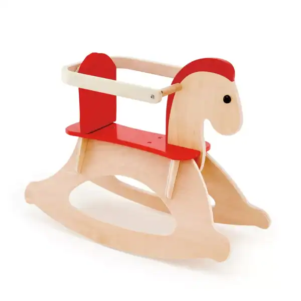 Wooden rocking horse with red accents for toddlers.