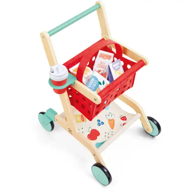 Toy shopping cart with grocery items and cup