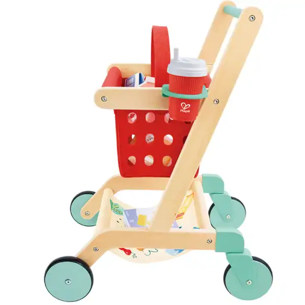 Toy shopping cart with wooden frame and red basket.